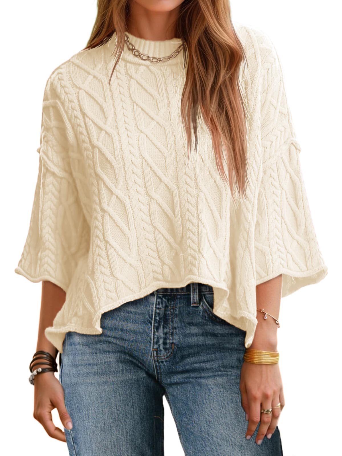 Womens Cable Knit Cropped Sweaters Oversize 3/4 Sleeve Pullover