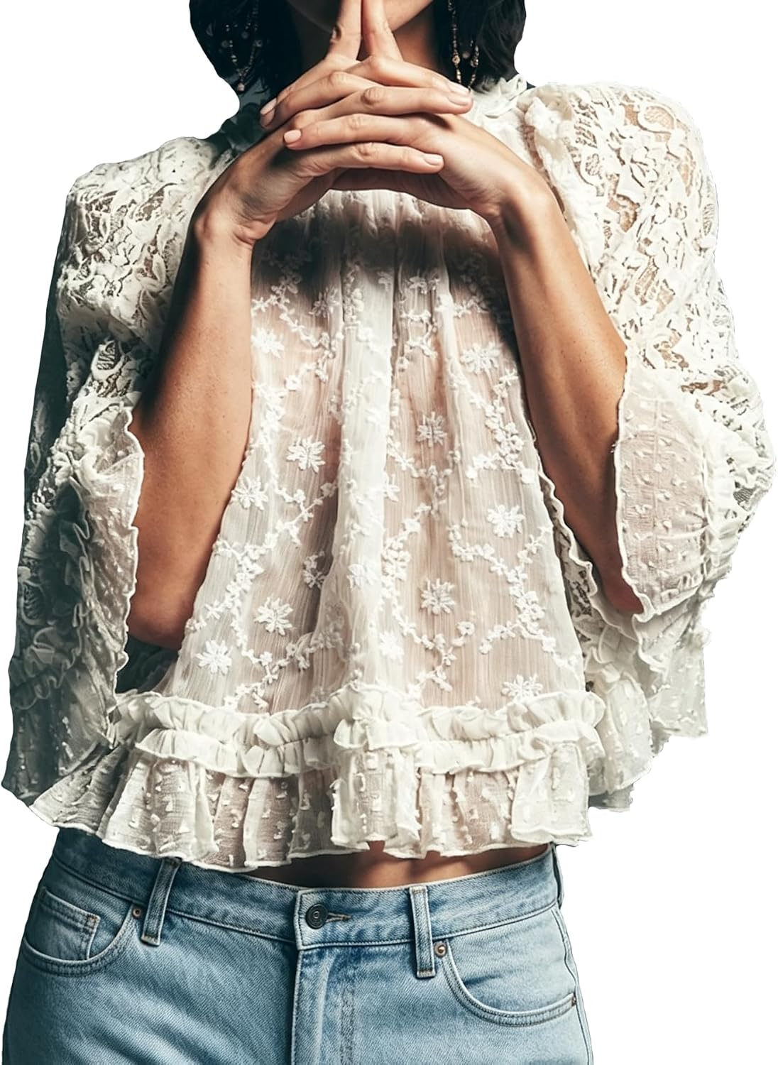 Womens Shirt Sheer Ruffle Flare Sleeve Casual Loose See Through Cover Up Top Blouse