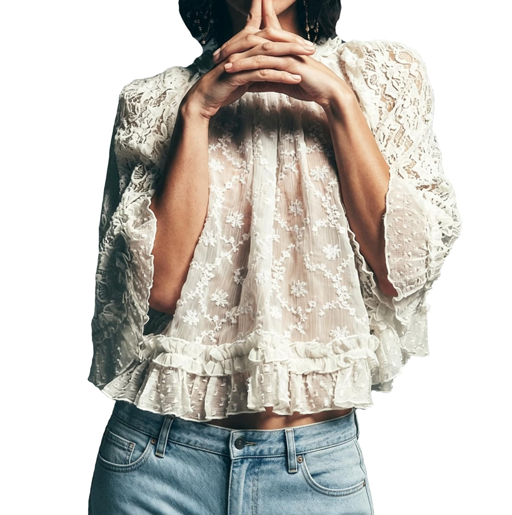 Womens Shirt Sheer Ruffle Flare Sleeve Casual Loose See Through Cover Up Top Blouse