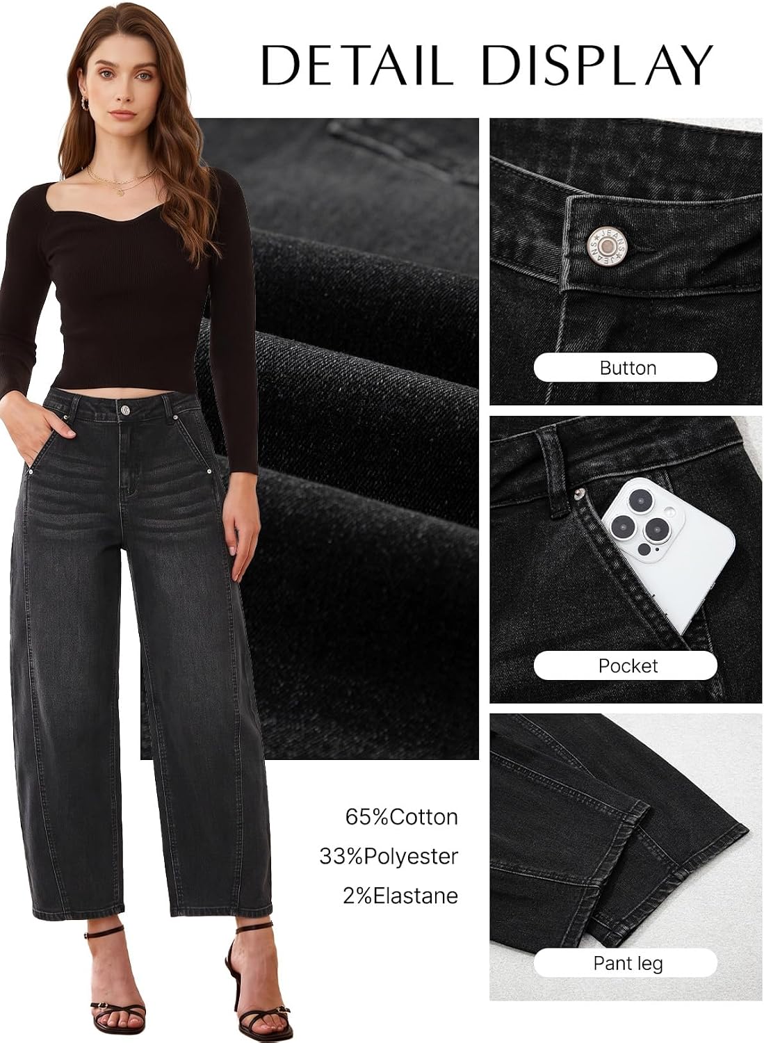 Womens Barrel Jeans High Waist Baggy Cropped Stretch Denim Pants