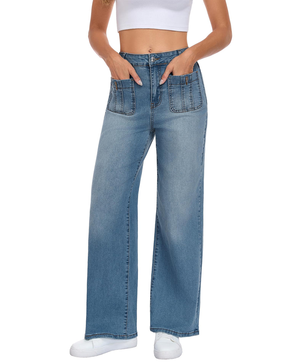 Wide Leg Jeans for Women, Blue, High Waist