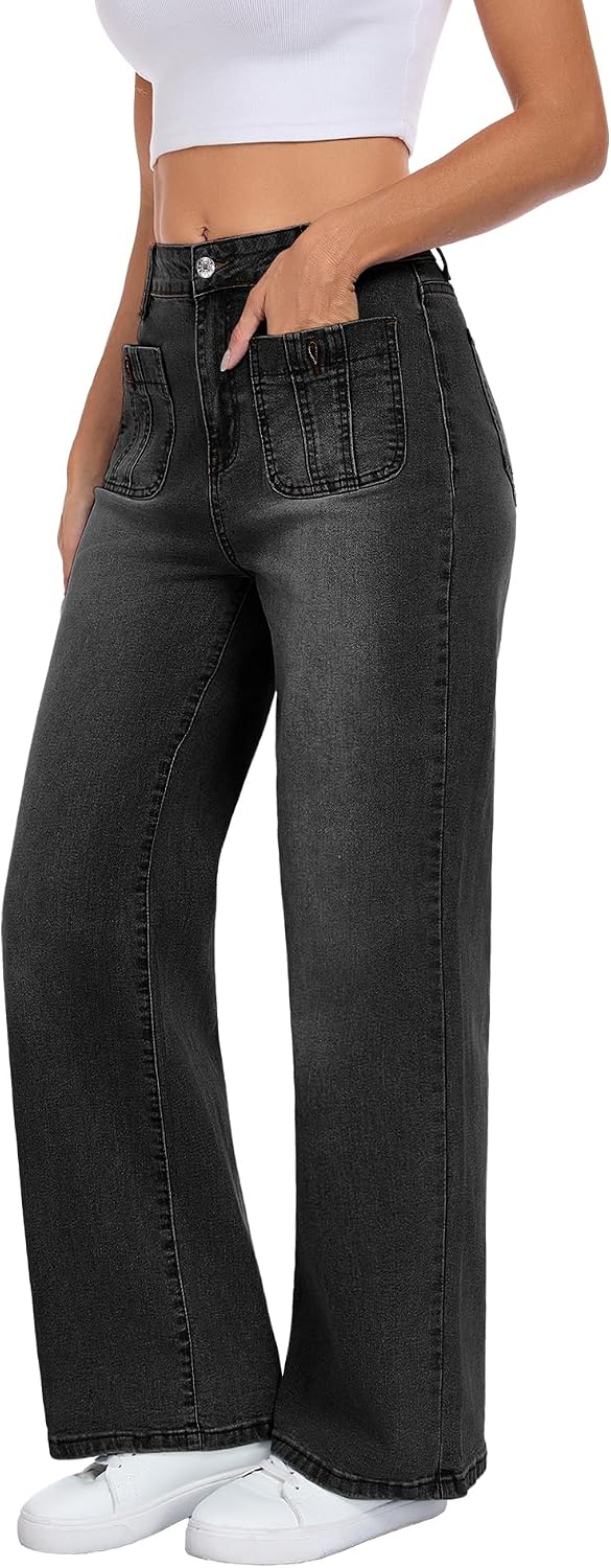 Wide Leg Jeans for Women, Blue, High Waist