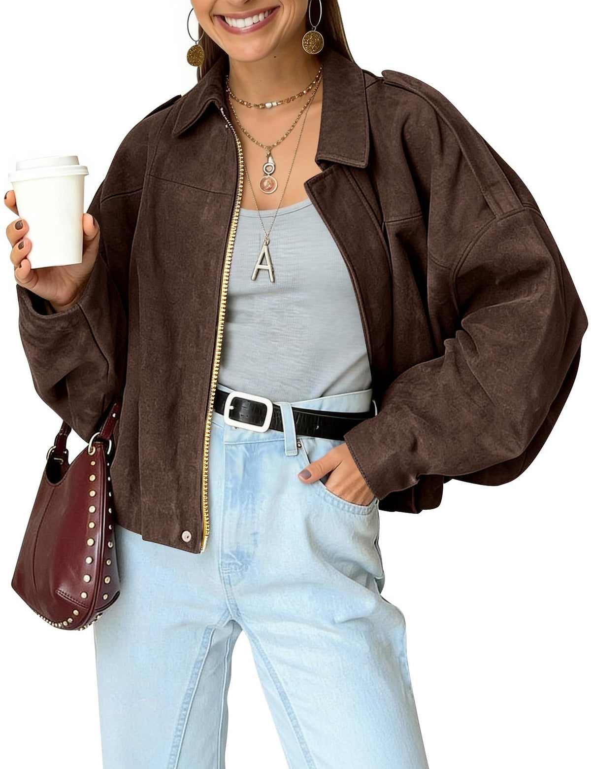 Womens Bomber Jacket Oversized Long Sleeve Cropped Coat