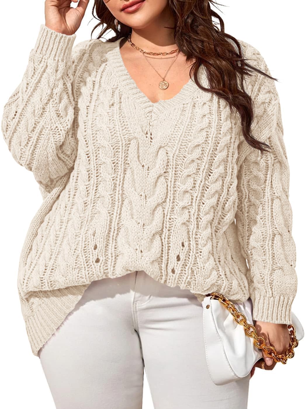 Womens Plus Size Sweaters V Neck Cable Knit Casual Sweater Tops