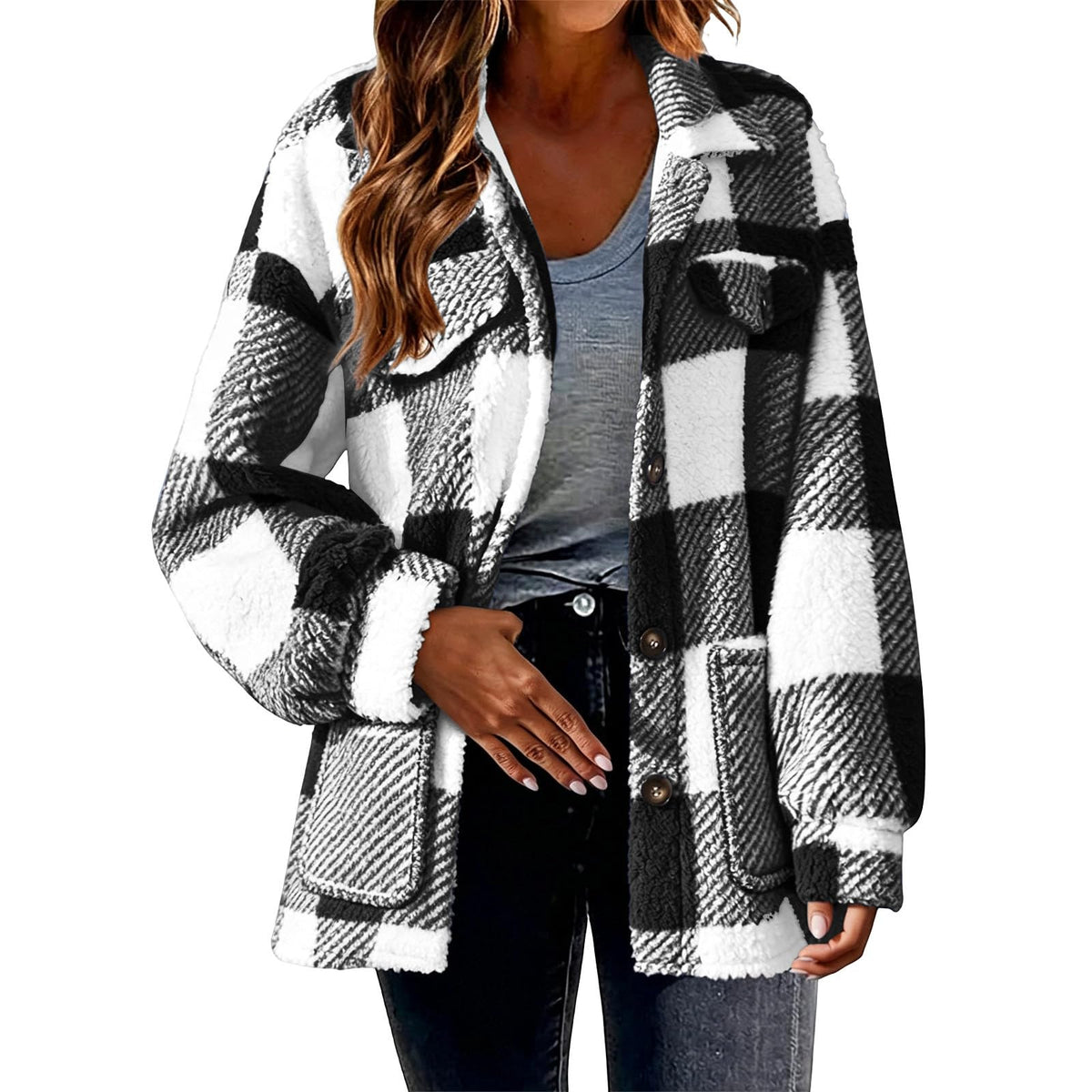 Womens Fleece Sherpa Jacket Button Down Plaid Flannel Shacket with Pockets