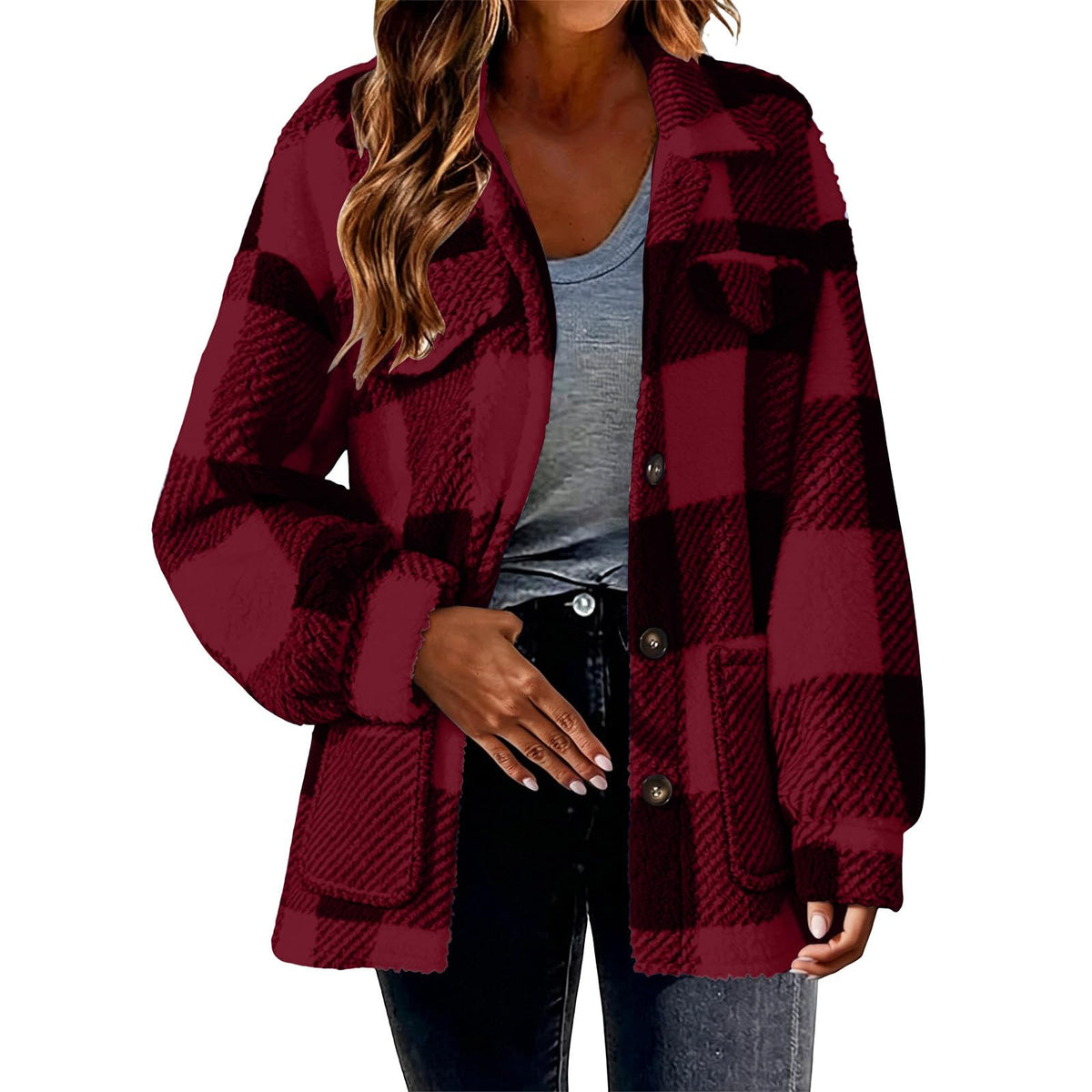 Womens Fleece Sherpa Jacket Button Down Plaid Flannel Shacket with Pockets