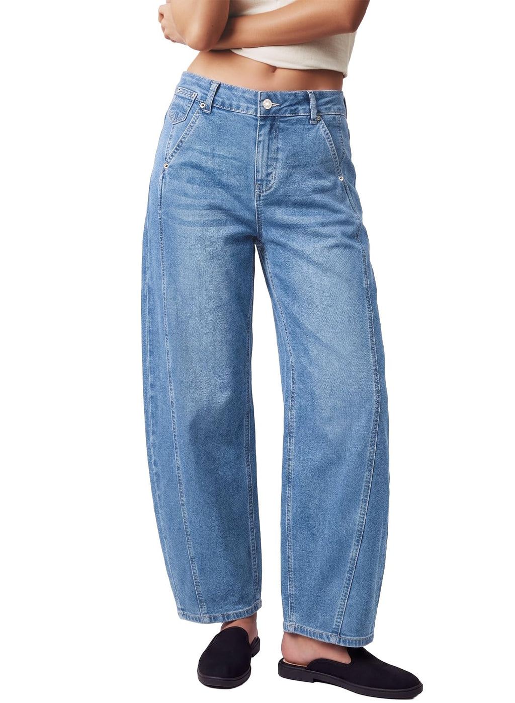 Womens Barrel Jeans High Waist Baggy Cropped Stretch Denim Pants