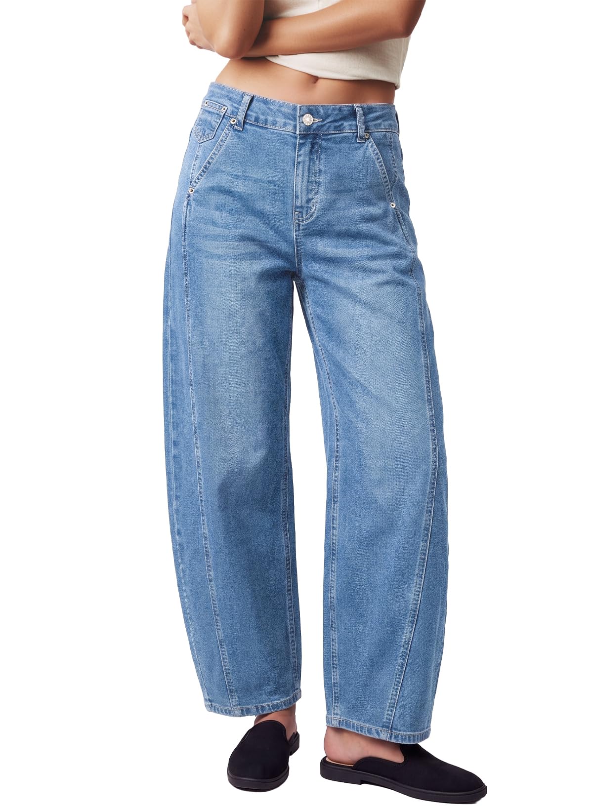 Womens Barrel Jeans High Waist Baggy Cropped Stretch Denim Pants