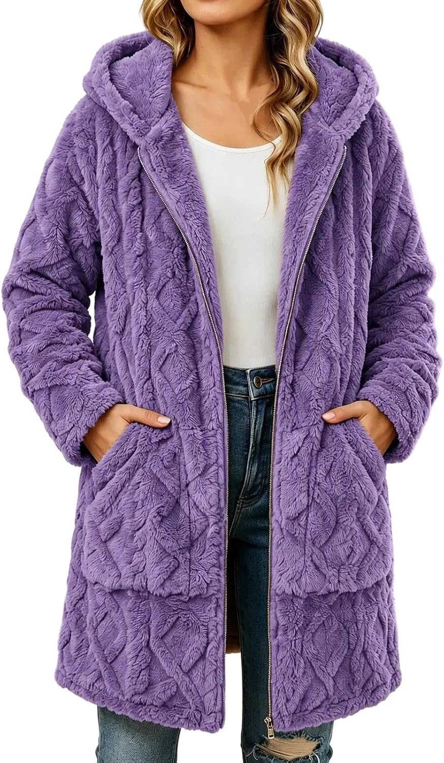 Womens Sherpa Fleece Jacket Oversized Warm Textured Hoodie Coats