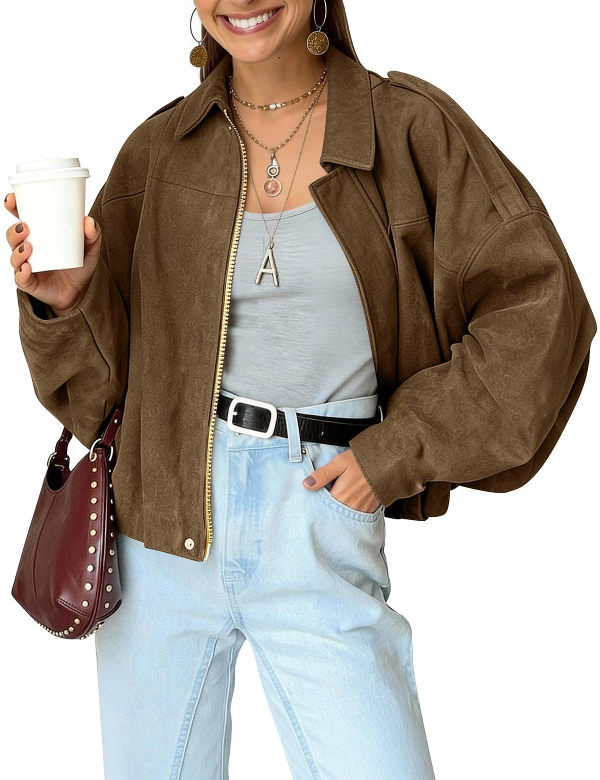 Womens Bomber Jacket Oversized Long Sleeve Cropped Coat