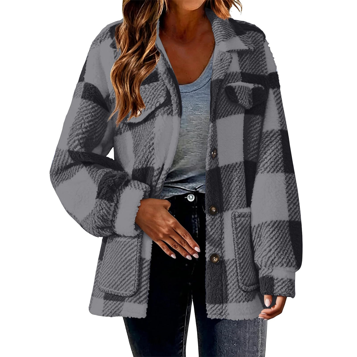 Womens Fleece Sherpa Jacket Button Down Plaid Flannel Shacket with Pockets