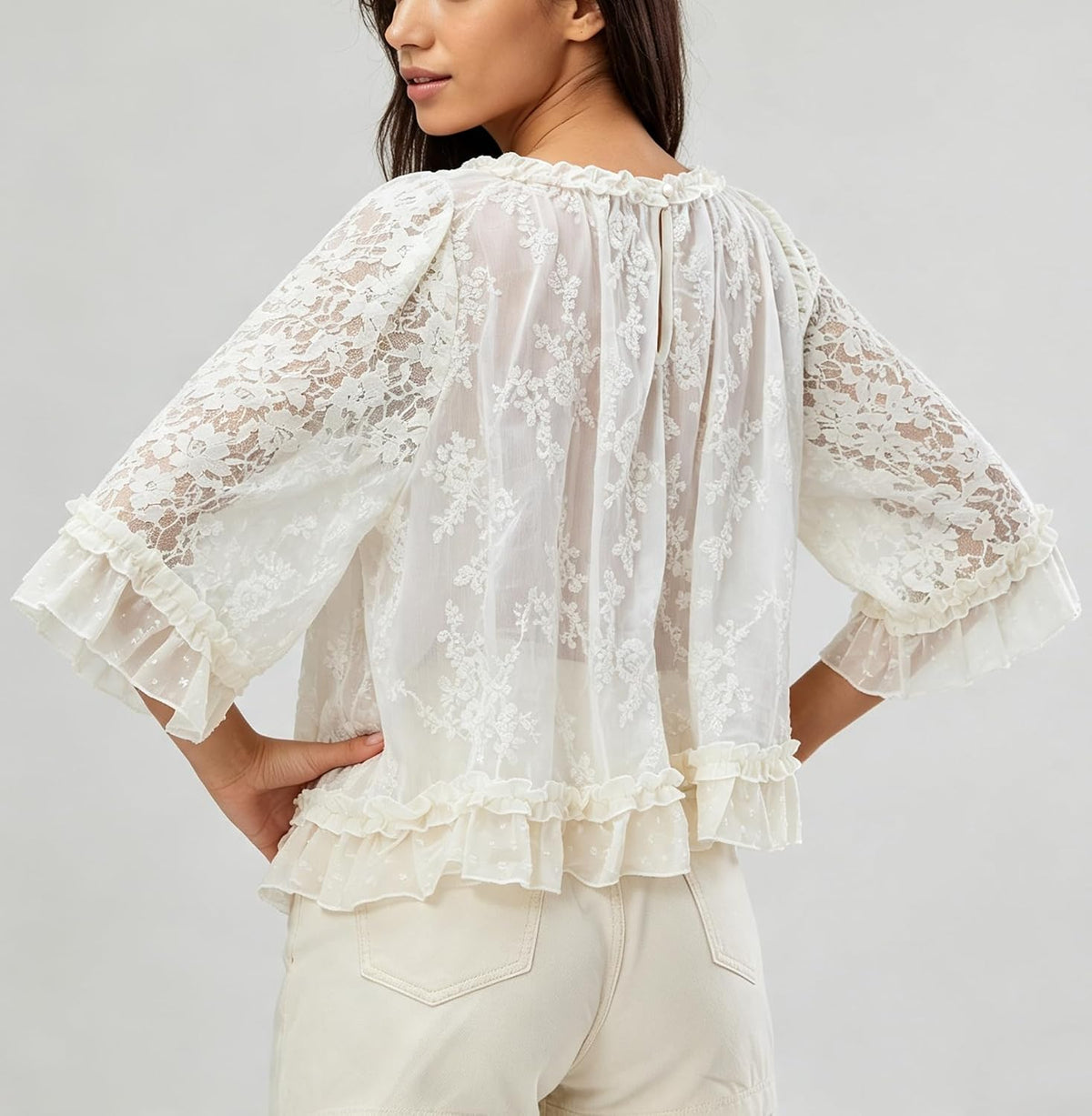 Womens Shirt Sheer Ruffle Flare Sleeve Casual Loose See Through Cover Up Top Blouse