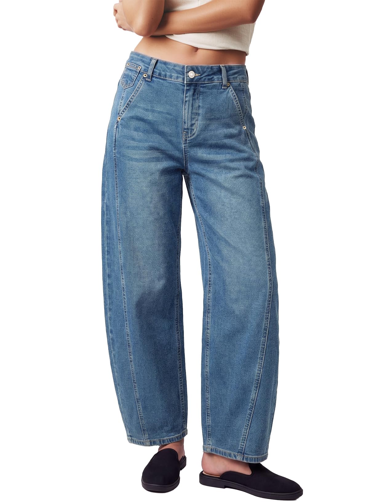 Womens Barrel Jeans High Waist Baggy Cropped Stretch Denim Pants