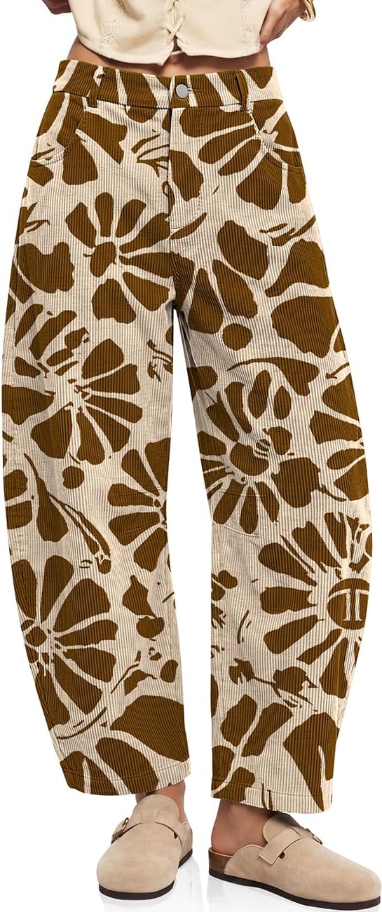 Womens Barrel Corduroy Pants Wide Leg Floral Printed Baggy Trousers