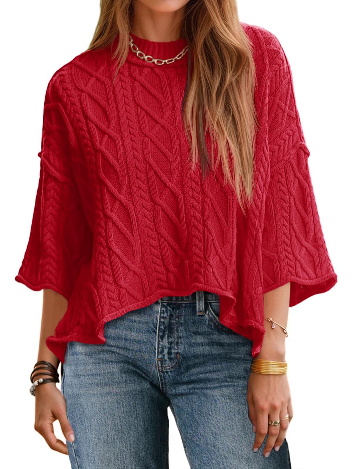 Womens Cable Knit Cropped Sweaters Oversize 3/4 Sleeve Pullover
