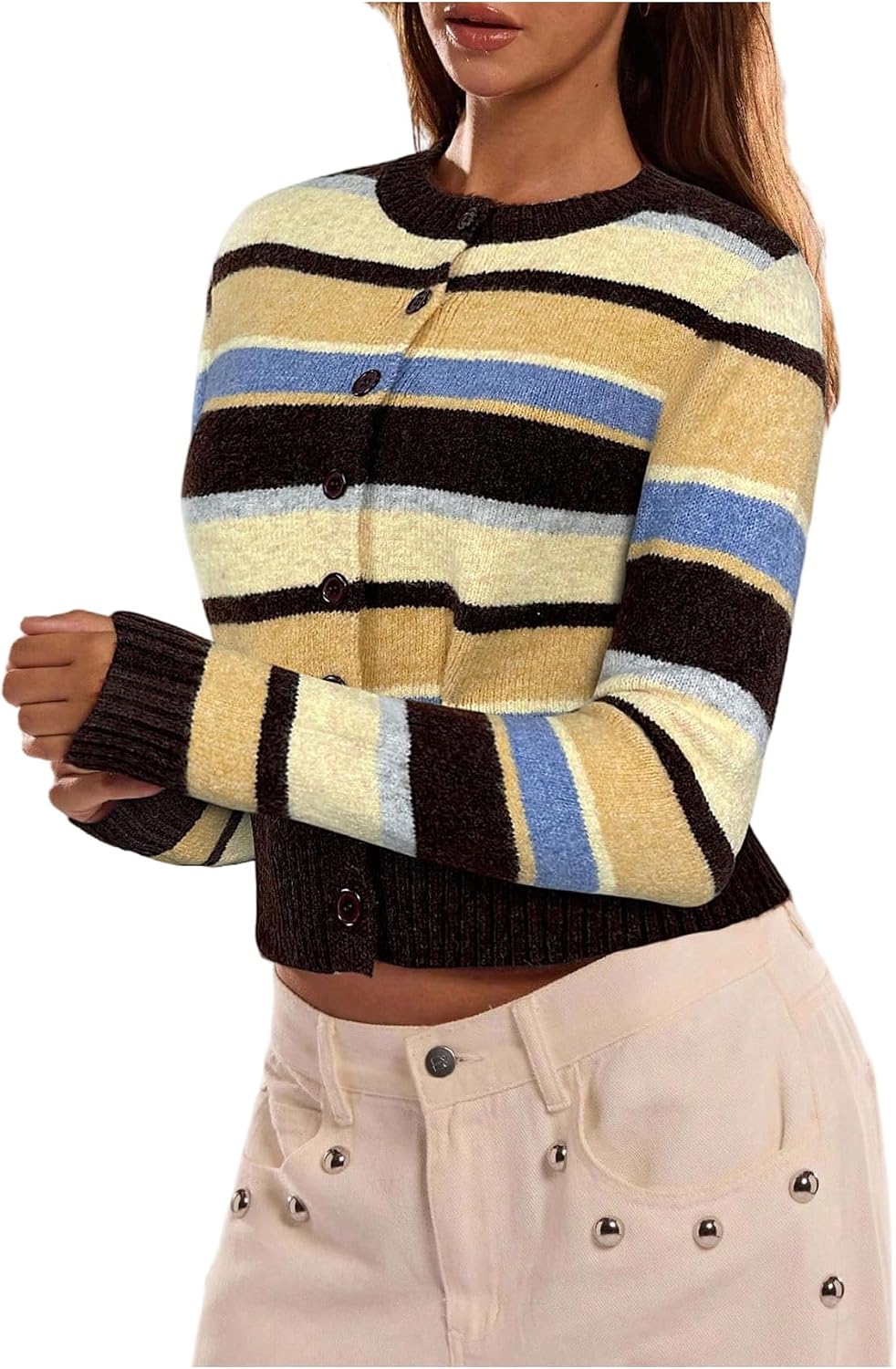Women's Fall Outfit Casual Striped Color Block Cropped Cardigan