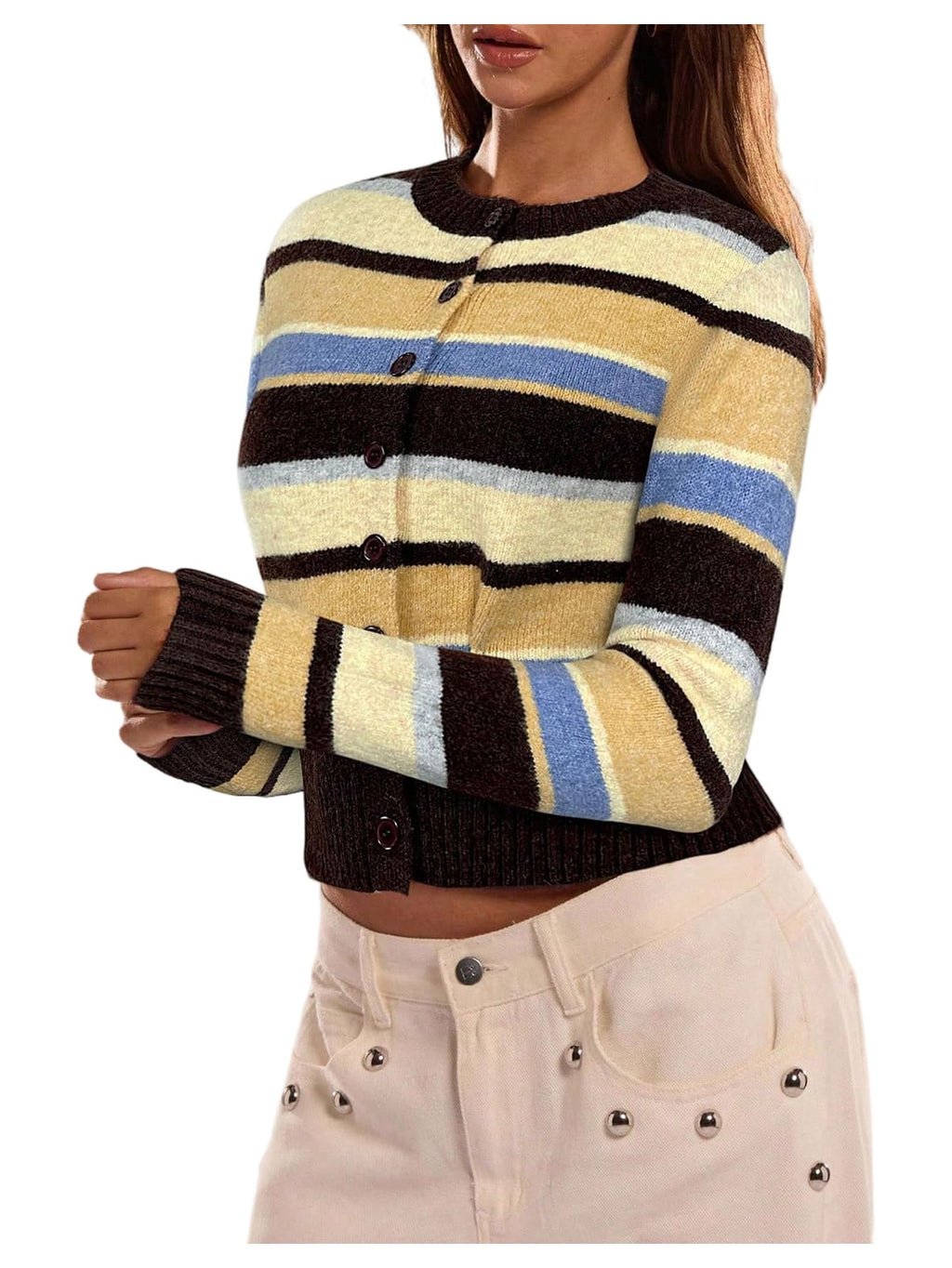 Women's Fall Outfit Casual Striped Color Block Cropped Cardigan
