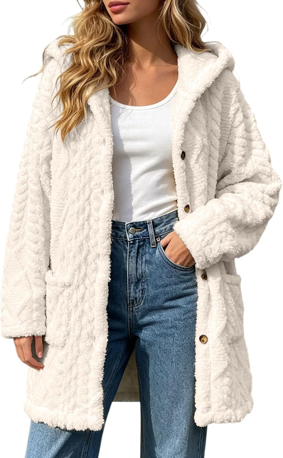 Womens Fleece Jacket Button Oversized Long Sherpa Hoodies Fuzzy Fall Winter Warm Cardigan Plush Soft Cozy Outerwear