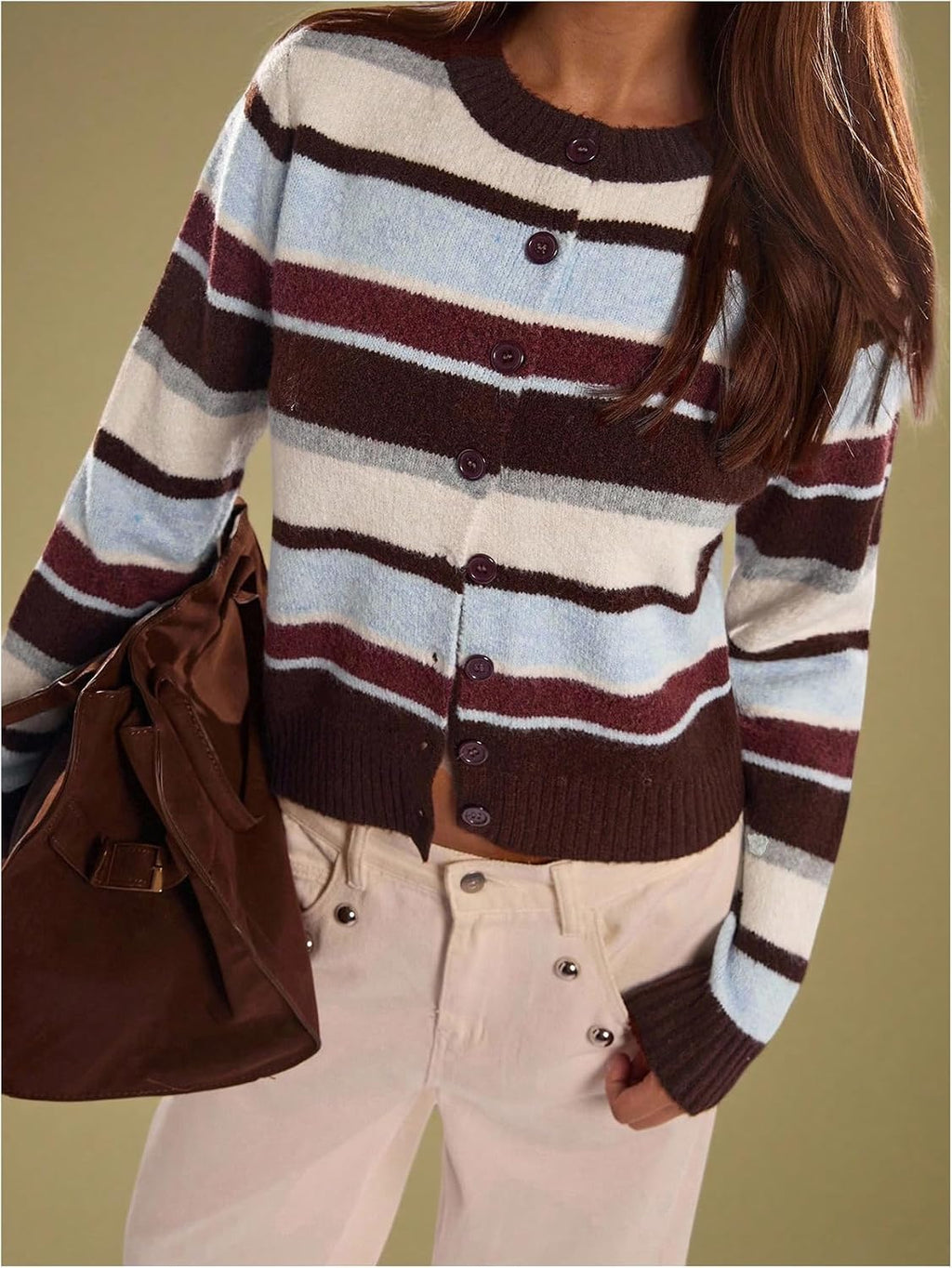 Women's Fall Outfit Casual Striped Color Block Cropped Cardigan