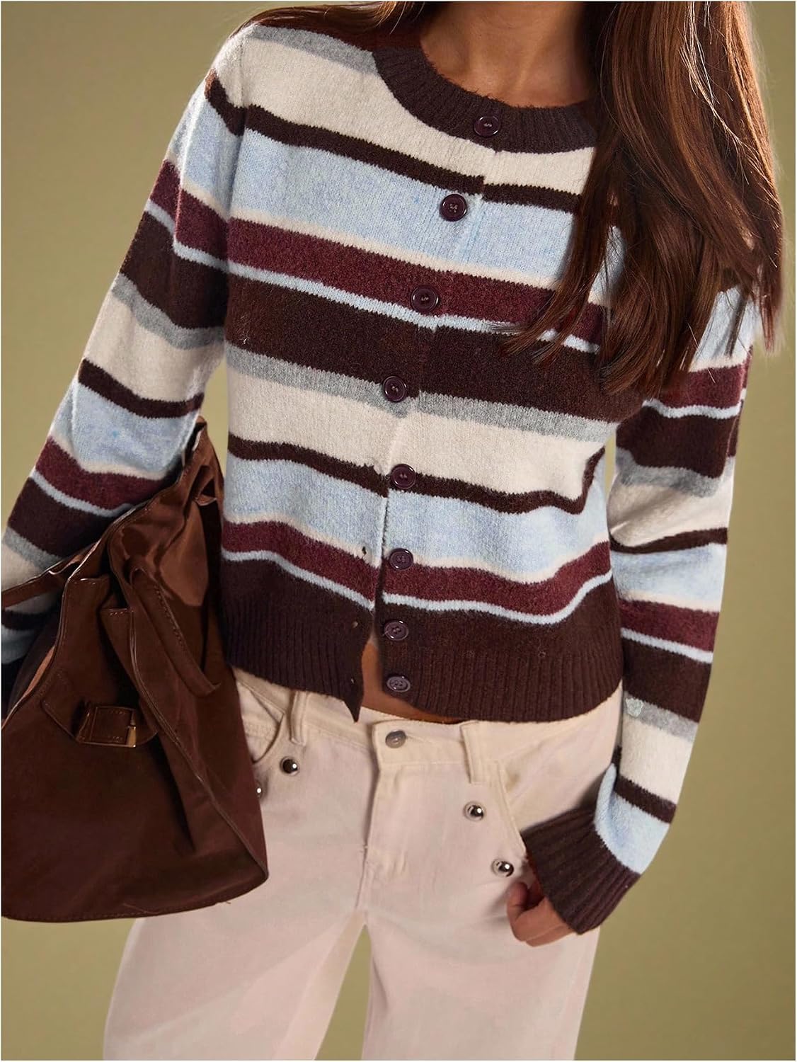Women's Fall Outfit Casual Striped Color Block Cropped Cardigan