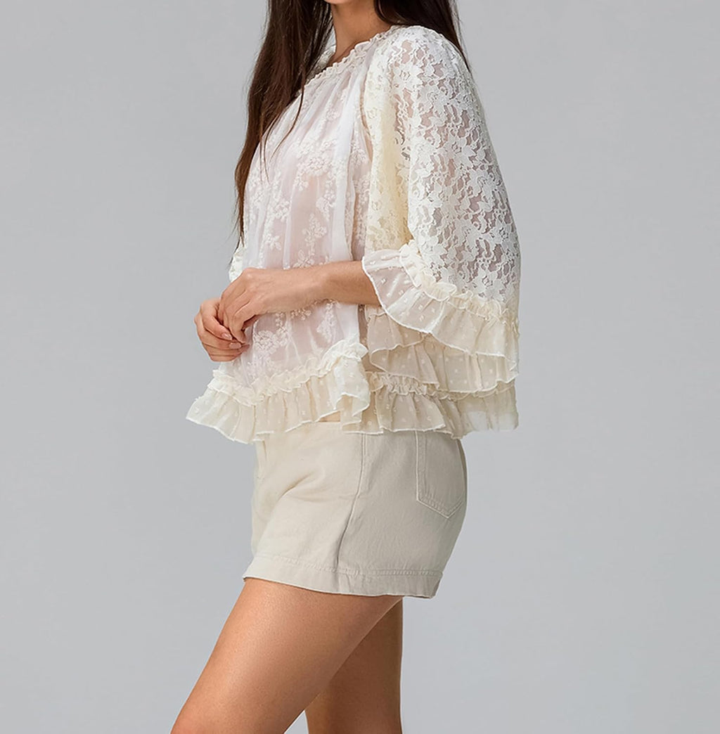 Womens Shirt Sheer Ruffle Flare Sleeve Casual Loose See Through Cover Up Top Blouse