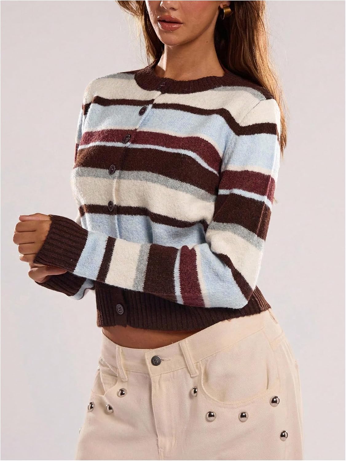 Women's Fall Outfit Casual Striped Color Block Cropped Cardigan