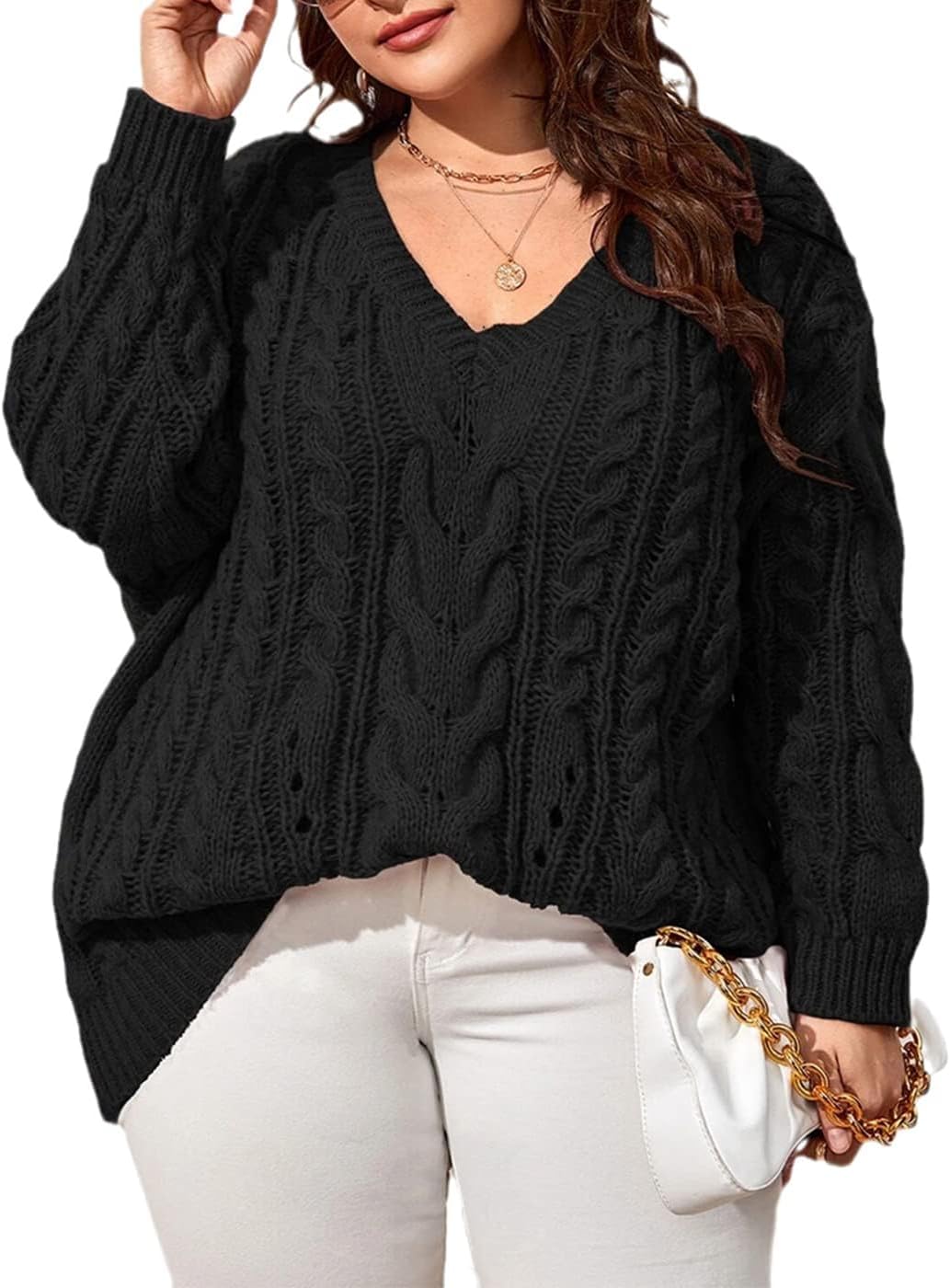 Womens Plus Size Sweaters V Neck Cable Knit Casual Sweater Tops