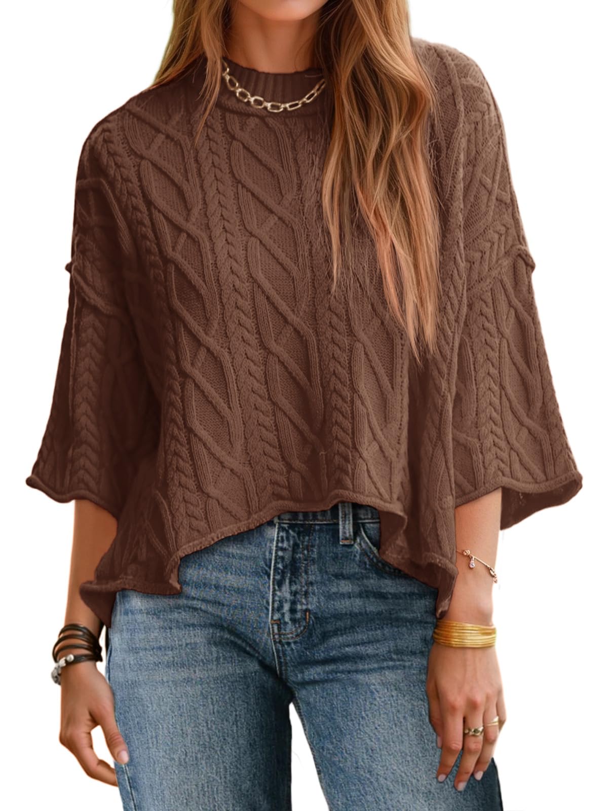 Womens Cable Knit Cropped Sweaters Oversize 3/4 Sleeve Pullover