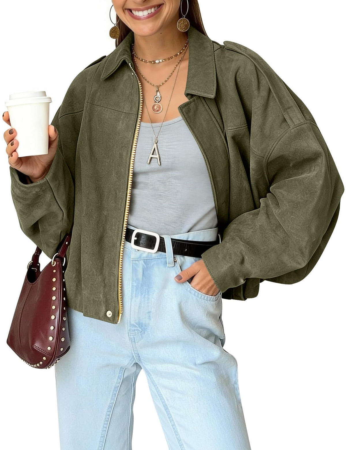 Womens Bomber Jacket Oversized Long Sleeve Cropped Coat