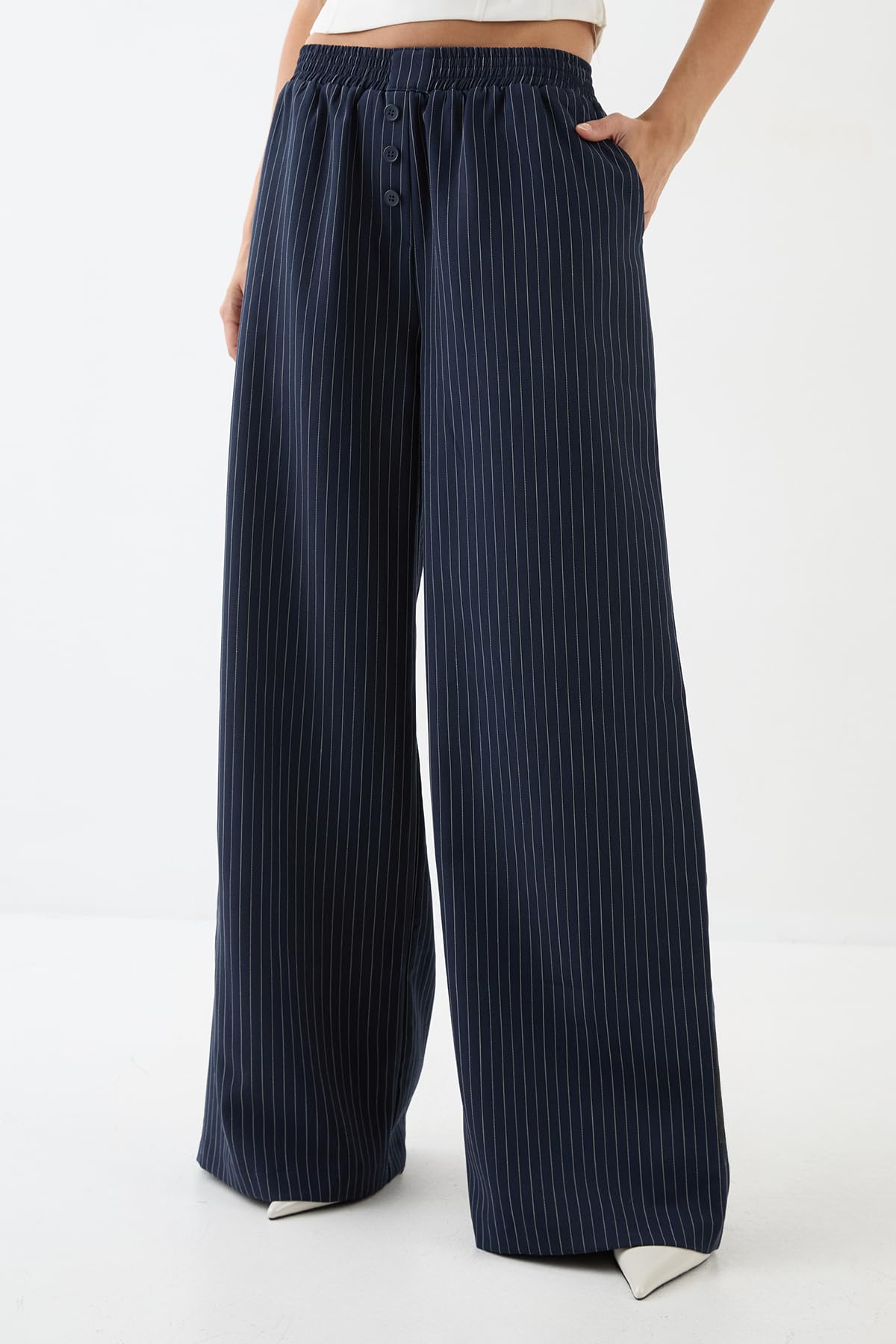 Premium Pinstripe Button Front Tailored Trouser