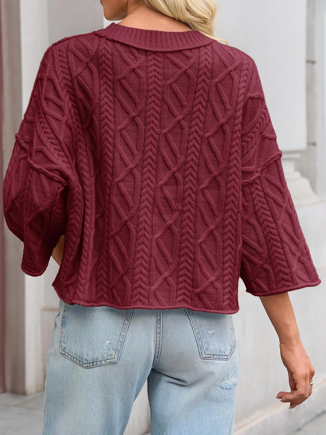 Womens Cable Knit Cropped Sweaters Oversize 3/4 Sleeve Pullover