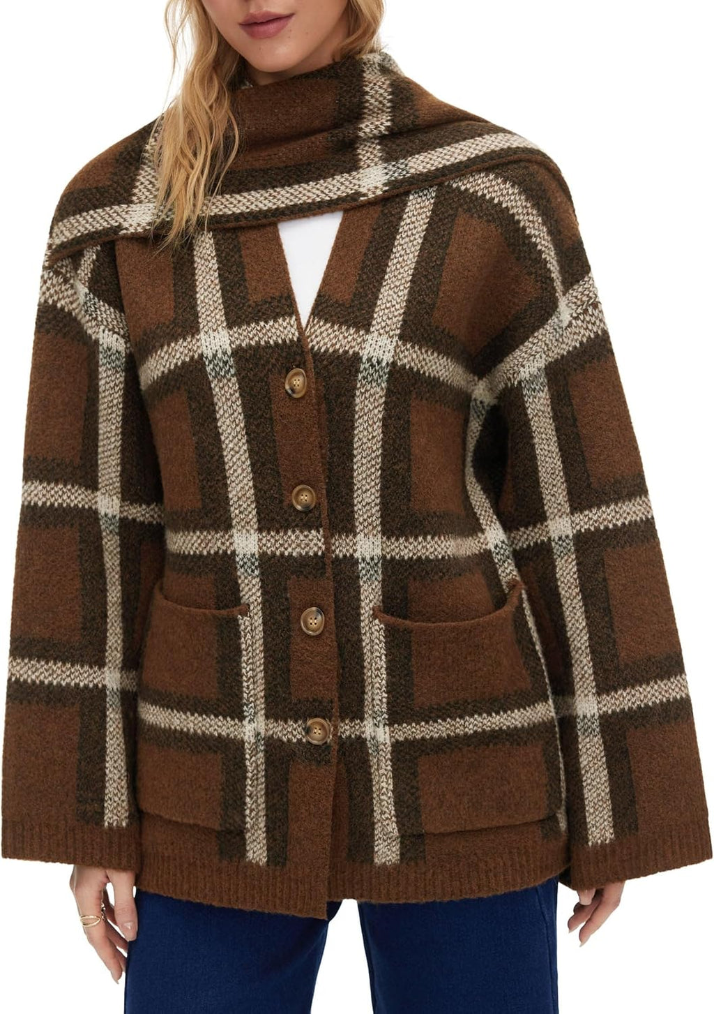 Oversized Plaid Cardigan Sweaters Knit Jacket with Matching Scarf