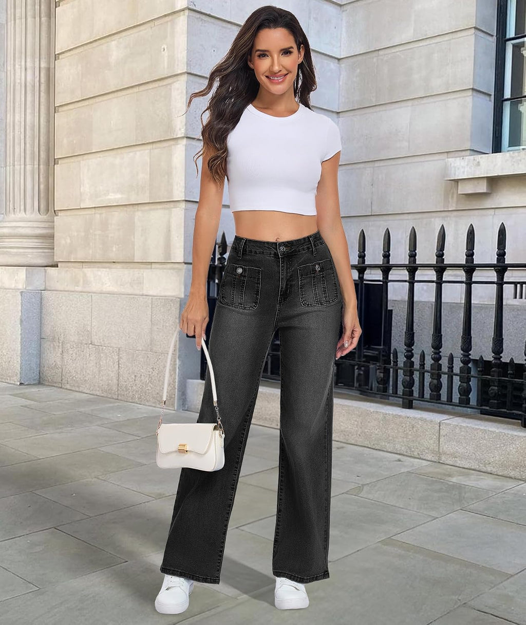 Wide Leg Jeans for Women, Blue, High Waist