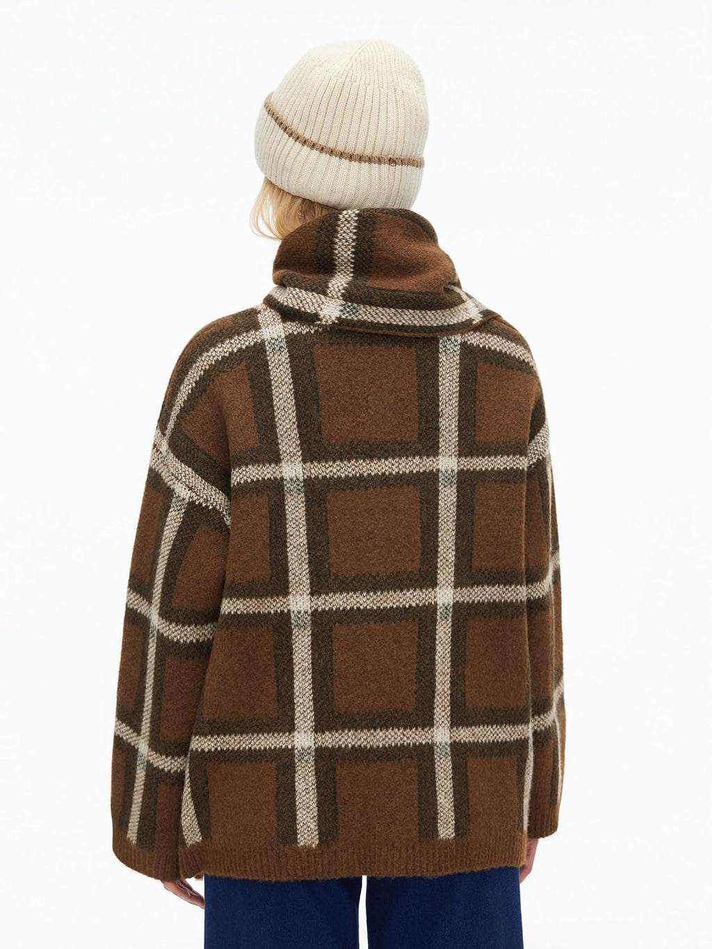 Oversized Plaid Cardigan Sweaters Knit Jacket with Matching Scarf