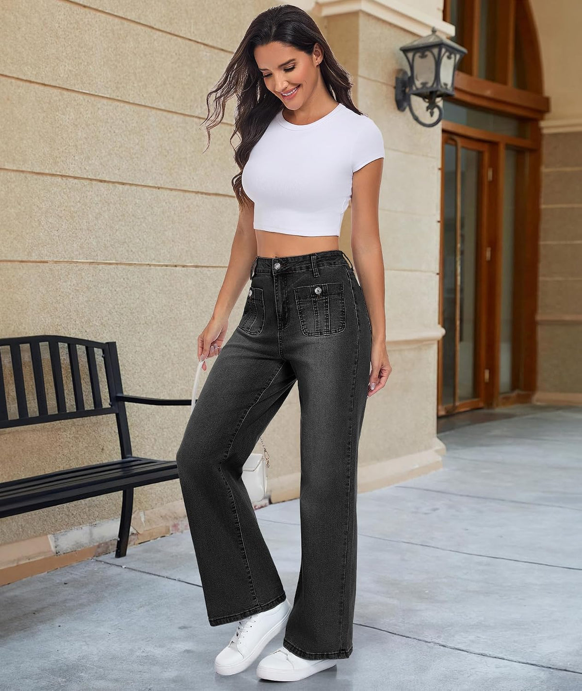 Wide Leg Jeans for Women, Blue, High Waist