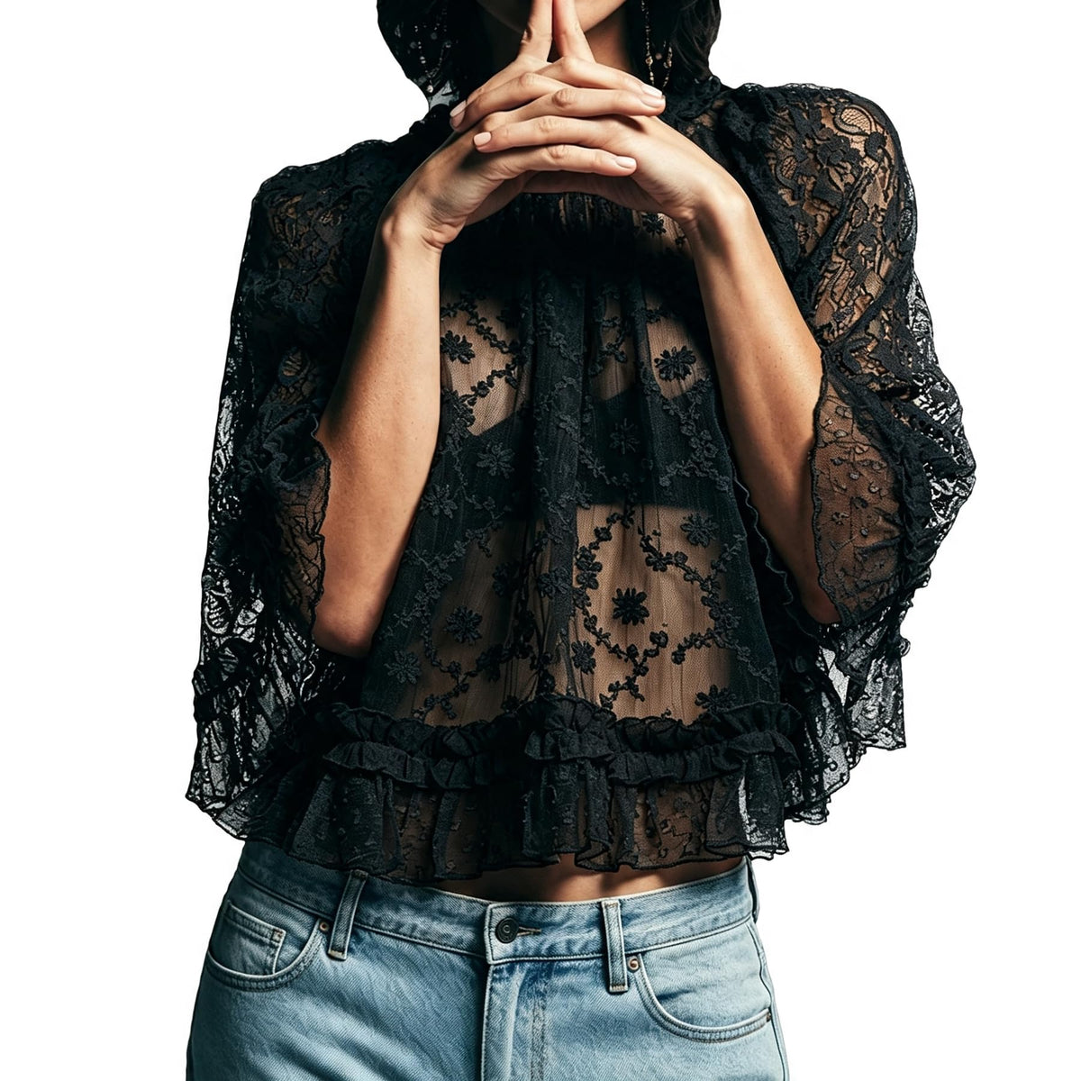 Womens Shirt Sheer Ruffle Flare Sleeve Casual Loose See Through Cover Up Top Blouse