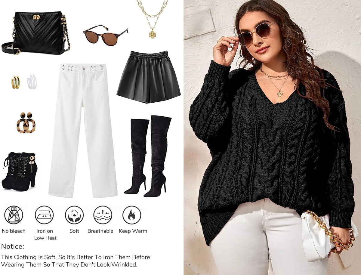 Womens Plus Size Sweaters V Neck Cable Knit Casual Sweater Tops