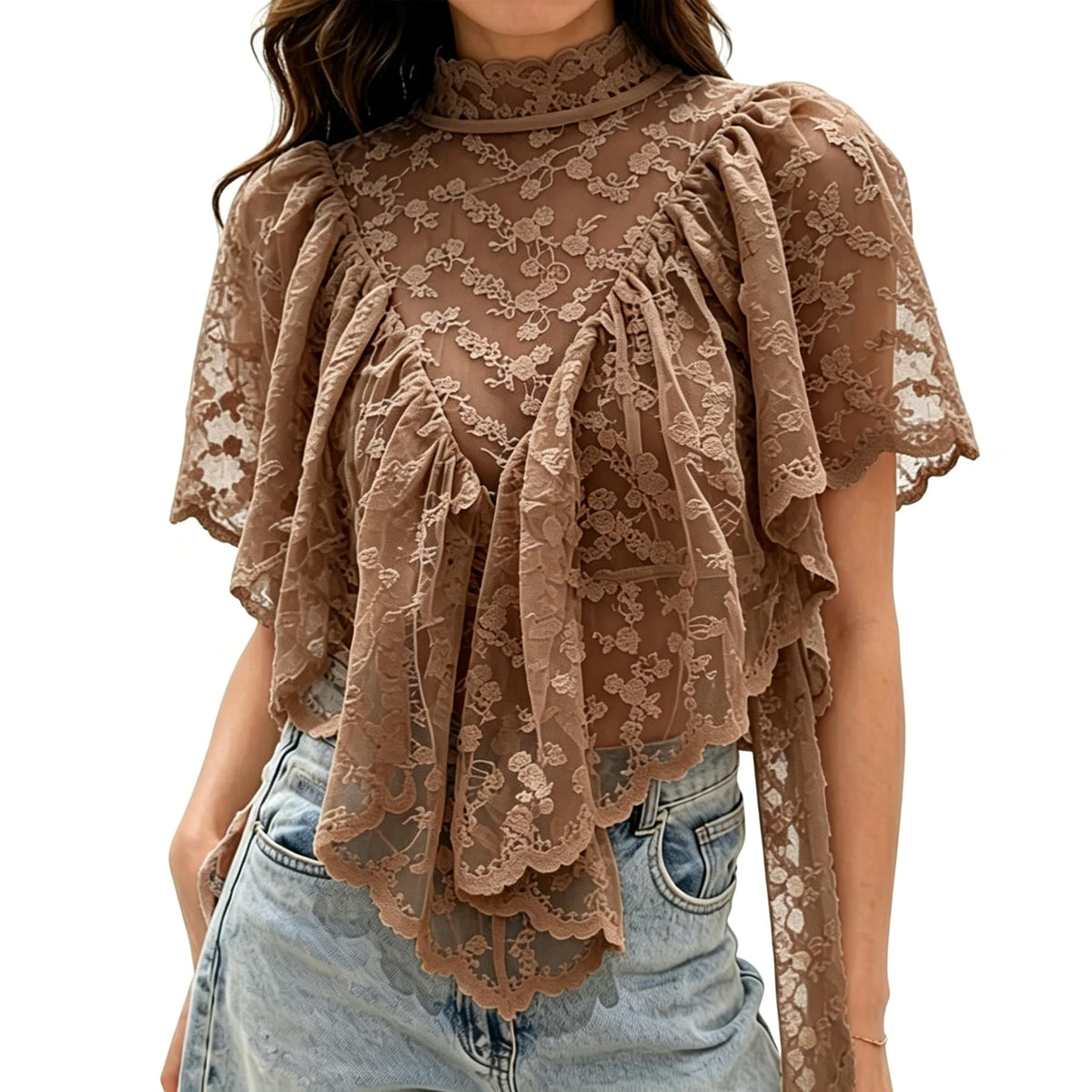 Womens Shirt Sheer Ruffle Flare Sleeve Casual Loose See Through Cover Up Top Blouse