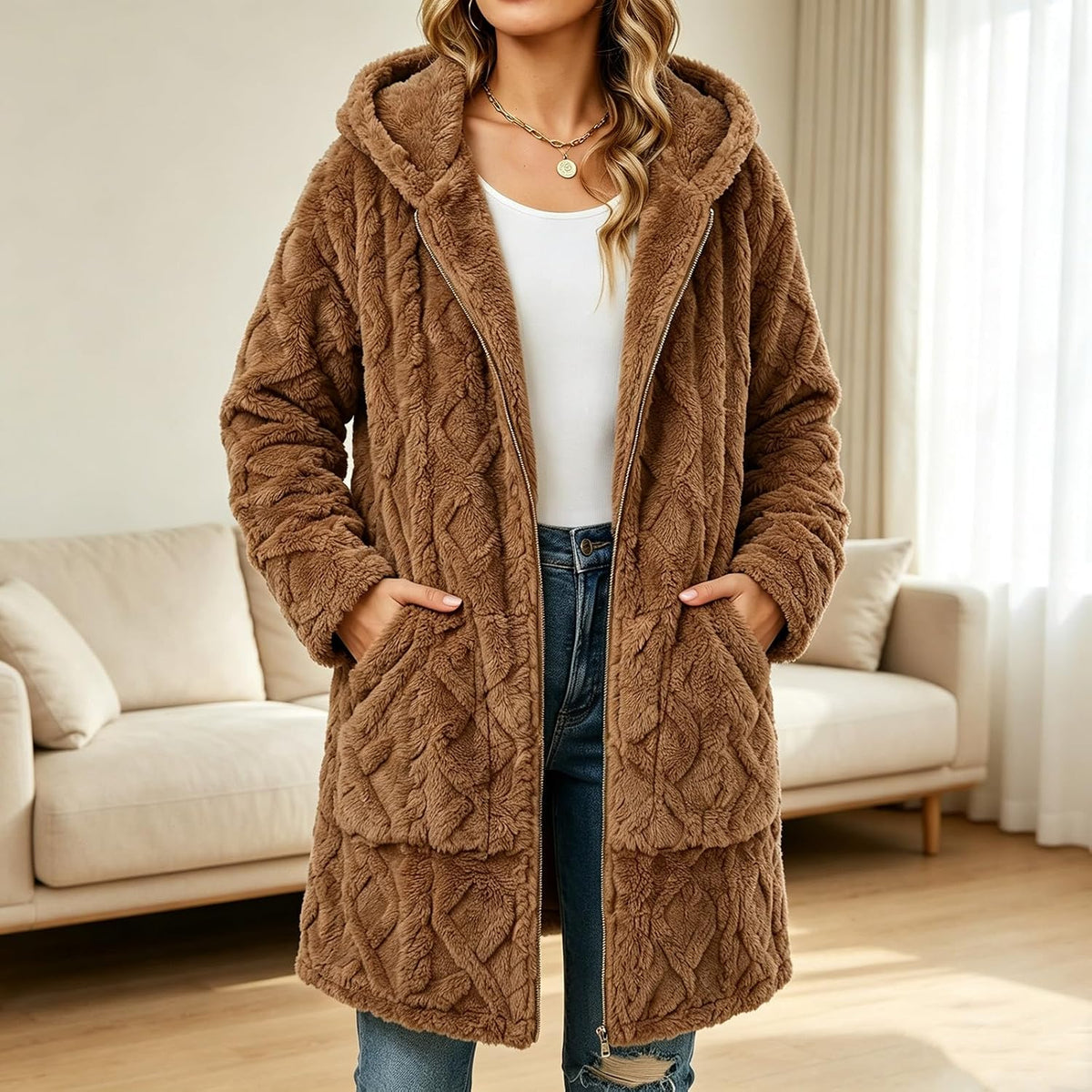 Womens Sherpa Fleece Jacket Oversized Warm Textured Hoodie Coats