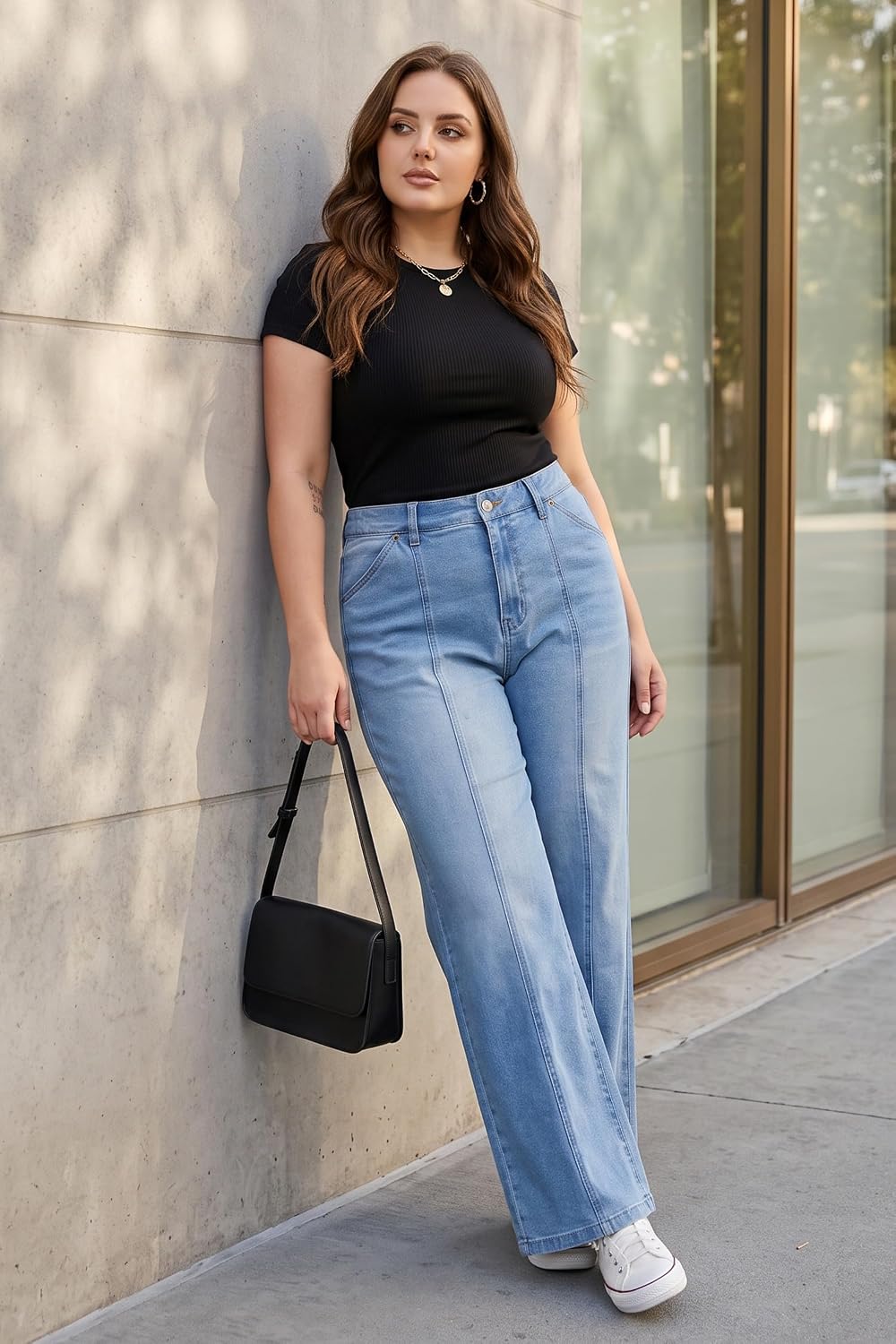 Plus Size Wide Leg Jeans High Waisted Stretchy Denim Pants