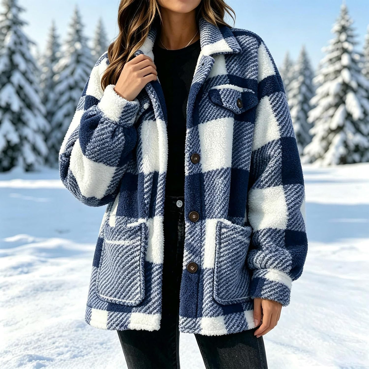 Womens Fleece Sherpa Jacket Button Down Plaid Flannel Shacket with Pockets
