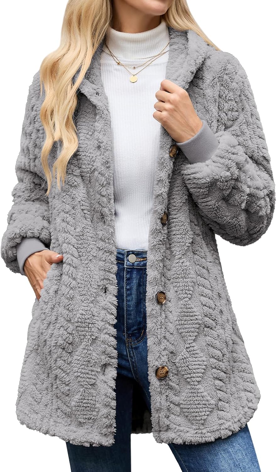 Women's Winter Sherpa Fleece Jacket Hooded Button Down Warm Coat