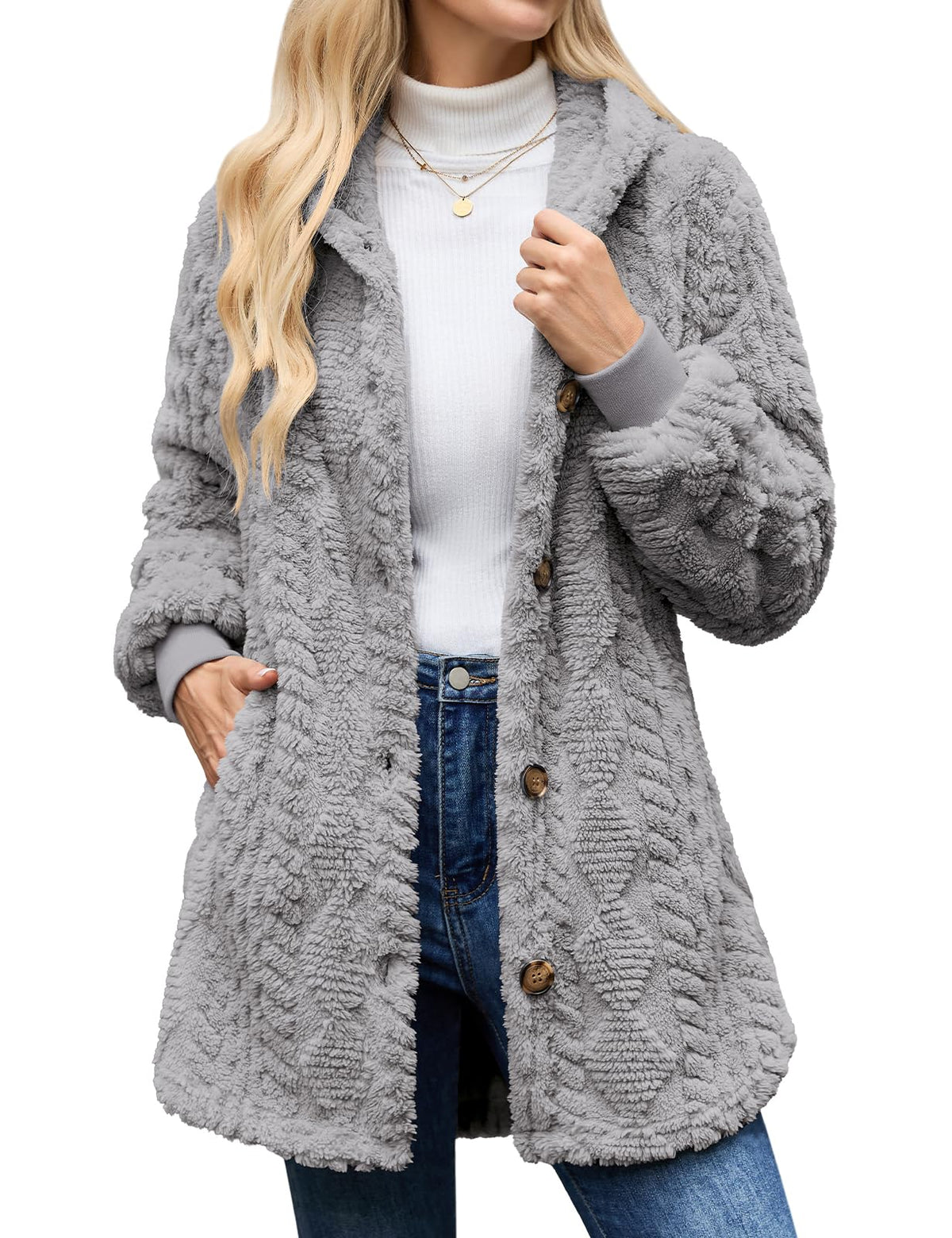 Women's Winter Sherpa Fleece Jacket Hooded Button Down Warm Coat
