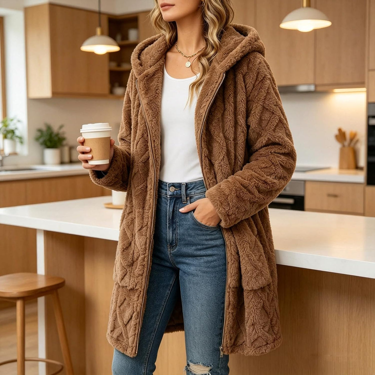 Womens Sherpa Fleece Jacket Oversized Warm Textured Hoodie Coats