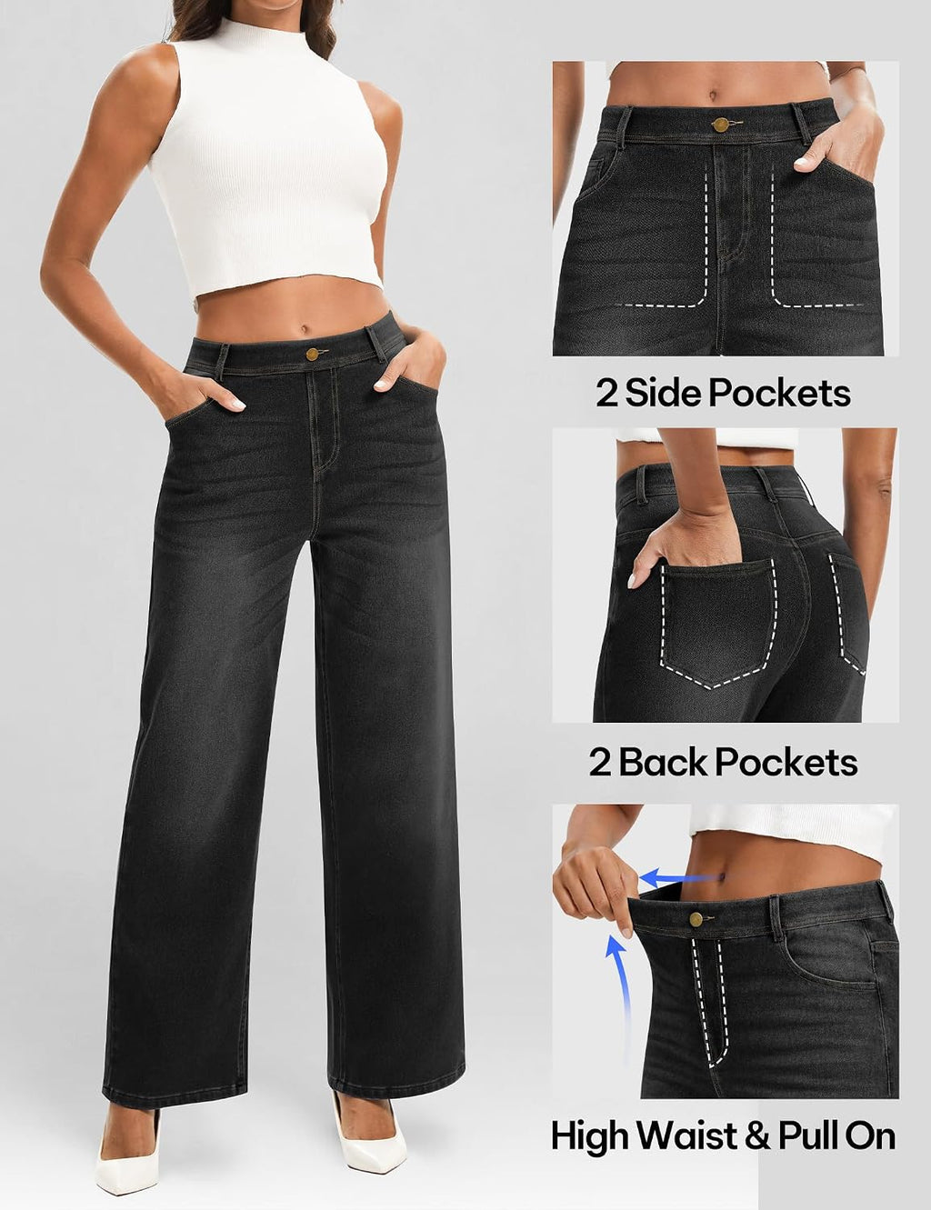 Wide Leg Jeans Woman Stretchy Pull on Sweatpant Jeans Baggy Denim Pants