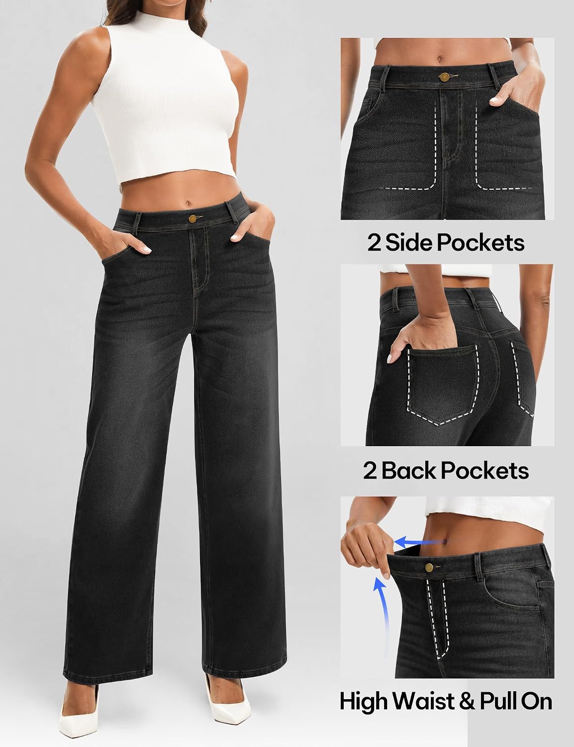 Wide Leg Jeans Woman Stretchy Pull on Sweatpant Jeans Baggy Denim Pants