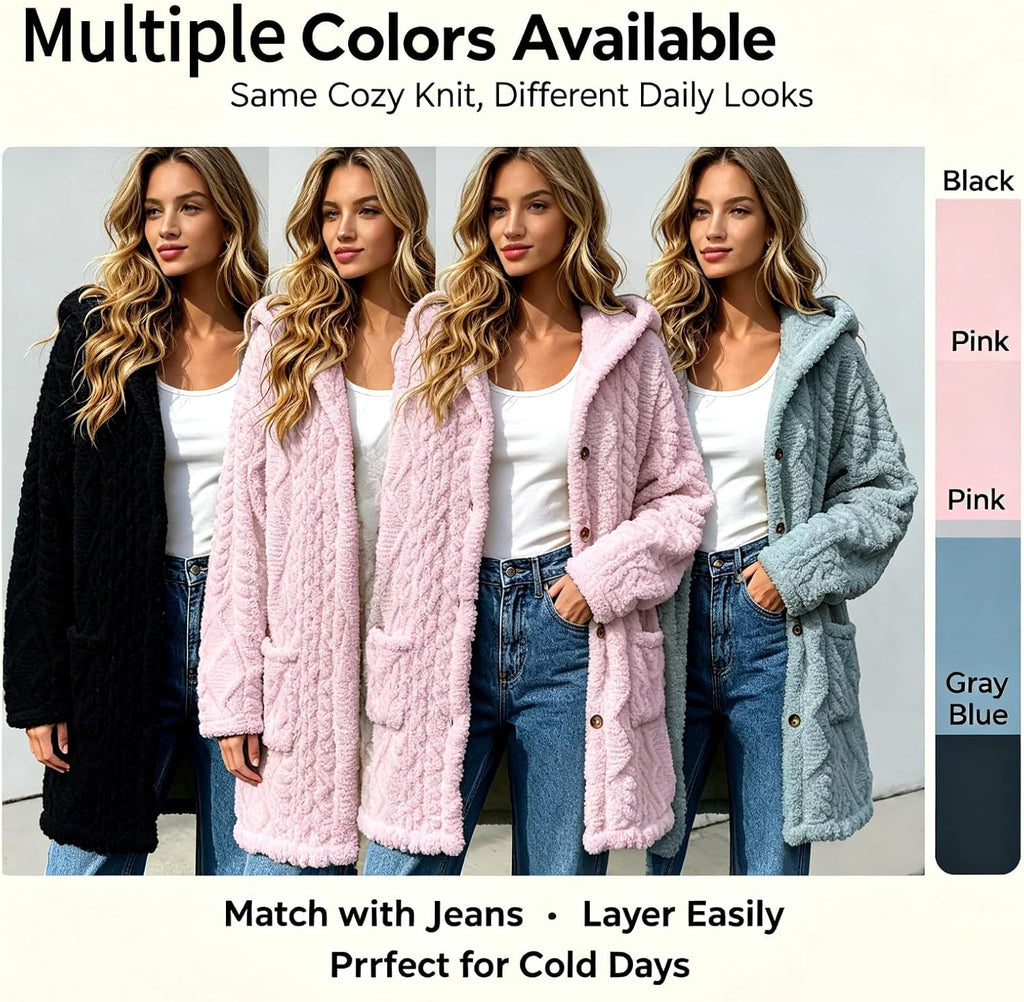 Womens Fleece Jacket Button Oversized Long Sherpa Hoodies Fuzzy Fall Winter Warm Cardigan Plush Soft Cozy Outerwear