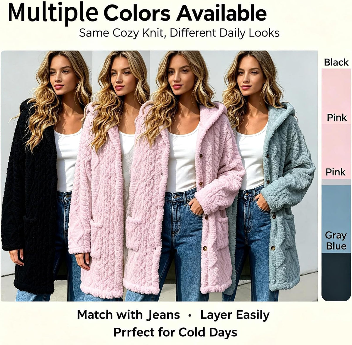 Womens Fleece Jacket Button Oversized Long Sherpa Hoodies Fuzzy Fall Winter Warm Cardigan Plush Soft Cozy Outerwear