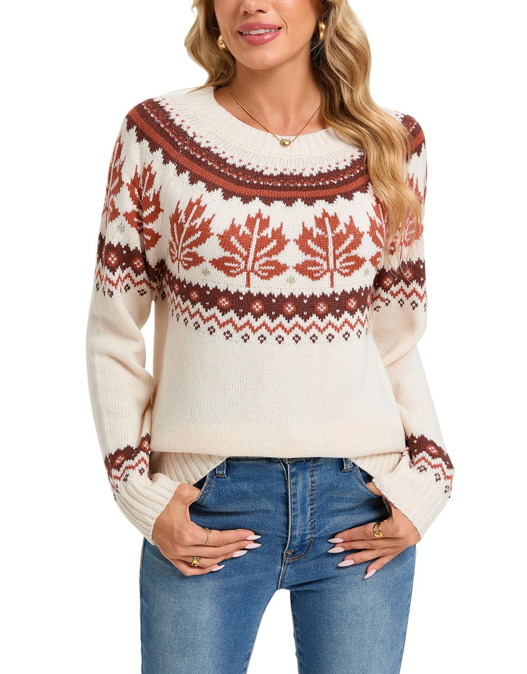 Womens Knit Leaf Sweaters Long Sleeve Crew Neck