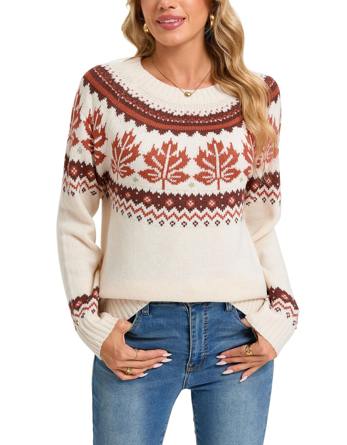Womens Knit Leaf Sweaters Long Sleeve Crew Neck